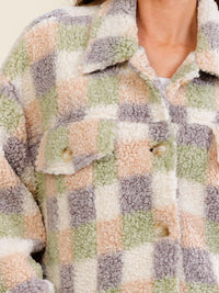 WOMEN'S LONG SLEEVE BUTTON CLOSURE FRONT POCKET PLAID SHERPA JACKET