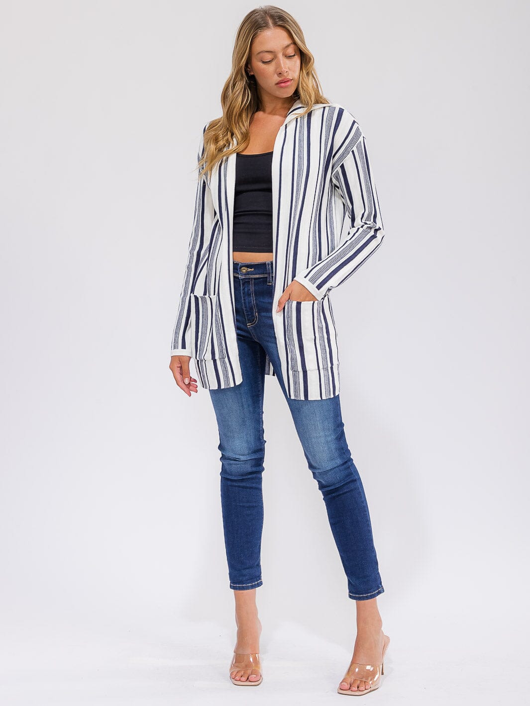 WOMEN'S LONG SLEEVE POCKETS OPEN FRONT COLORBLOCK STRIPES CARDIGAN