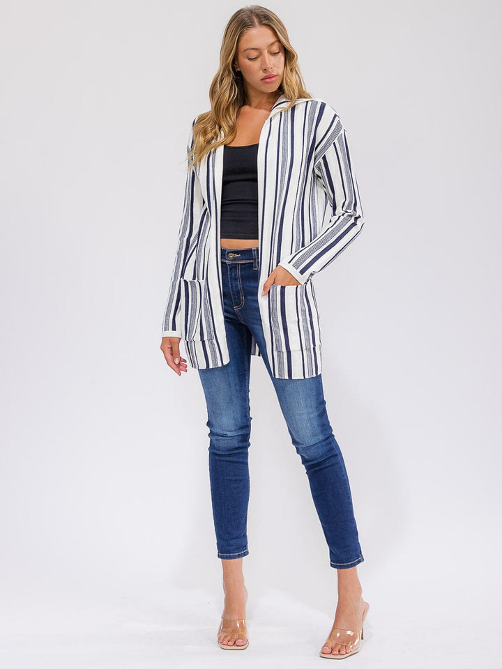WOMEN'S LONG SLEEVE POCKETS OPEN FRONT COLORBLOCK STRIPES CARDIGAN