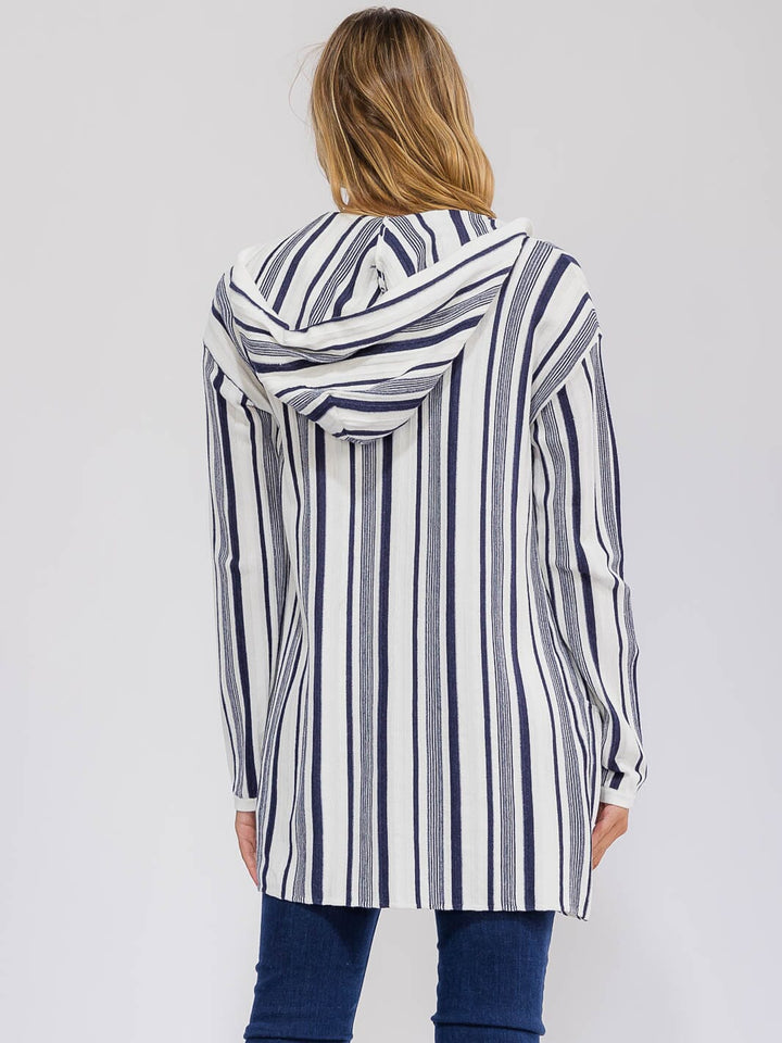 WOMEN'S LONG SLEEVE POCKETS OPEN FRONT COLORBLOCK STRIPES CARDIGAN
