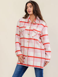WOMEN'S LONG SLEEVE BUTTON CLOSURE FRONT POCKET PLAID JACKET