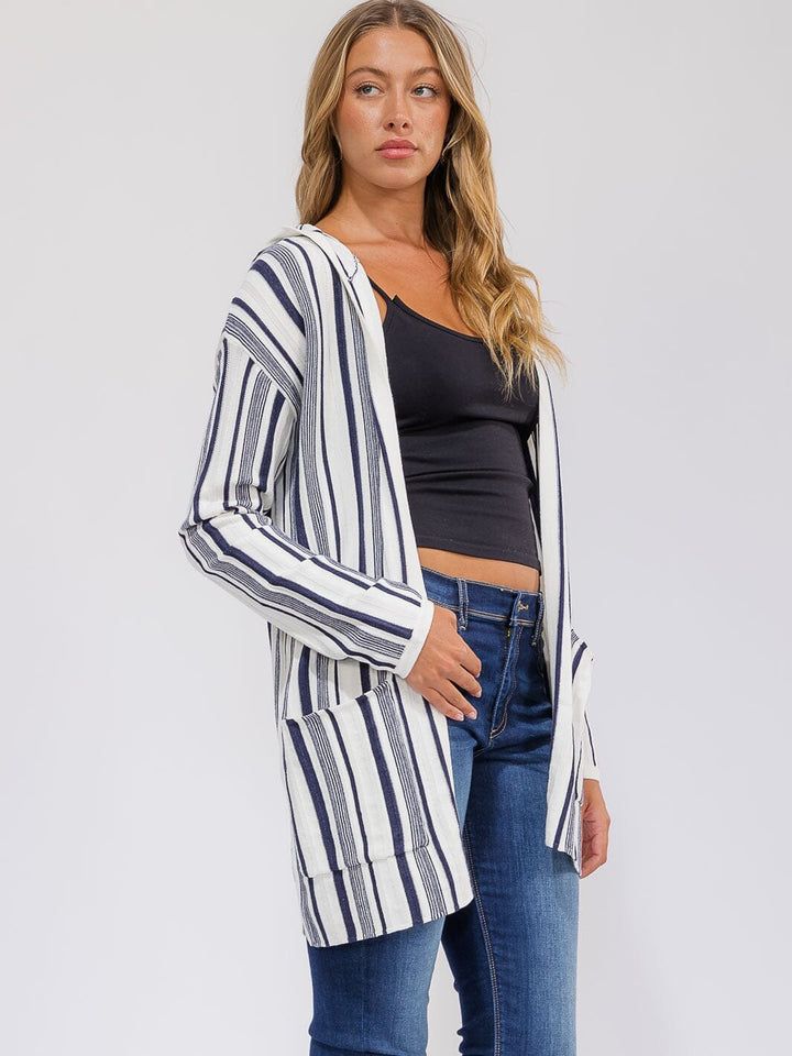 WOMEN'S LONG SLEEVE POCKETS OPEN FRONT COLORBLOCK STRIPES CARDIGAN