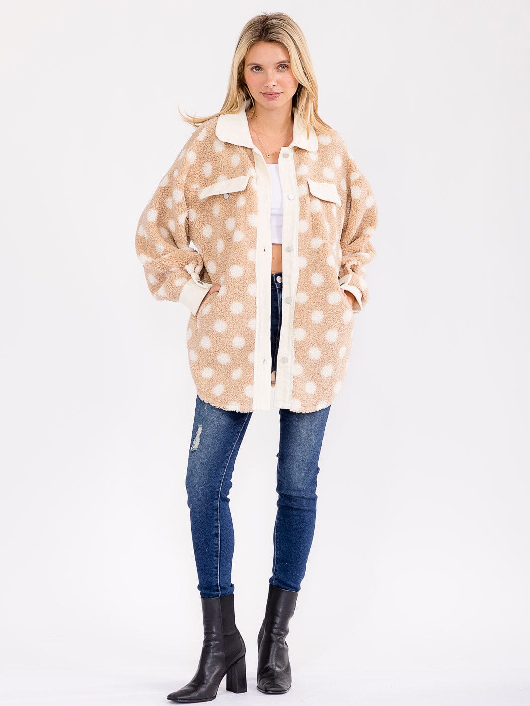 WOMEN'S LONG SLEEVE BUTTON CLOSURE FRONT POCKETS POLKA DOTS JACKET