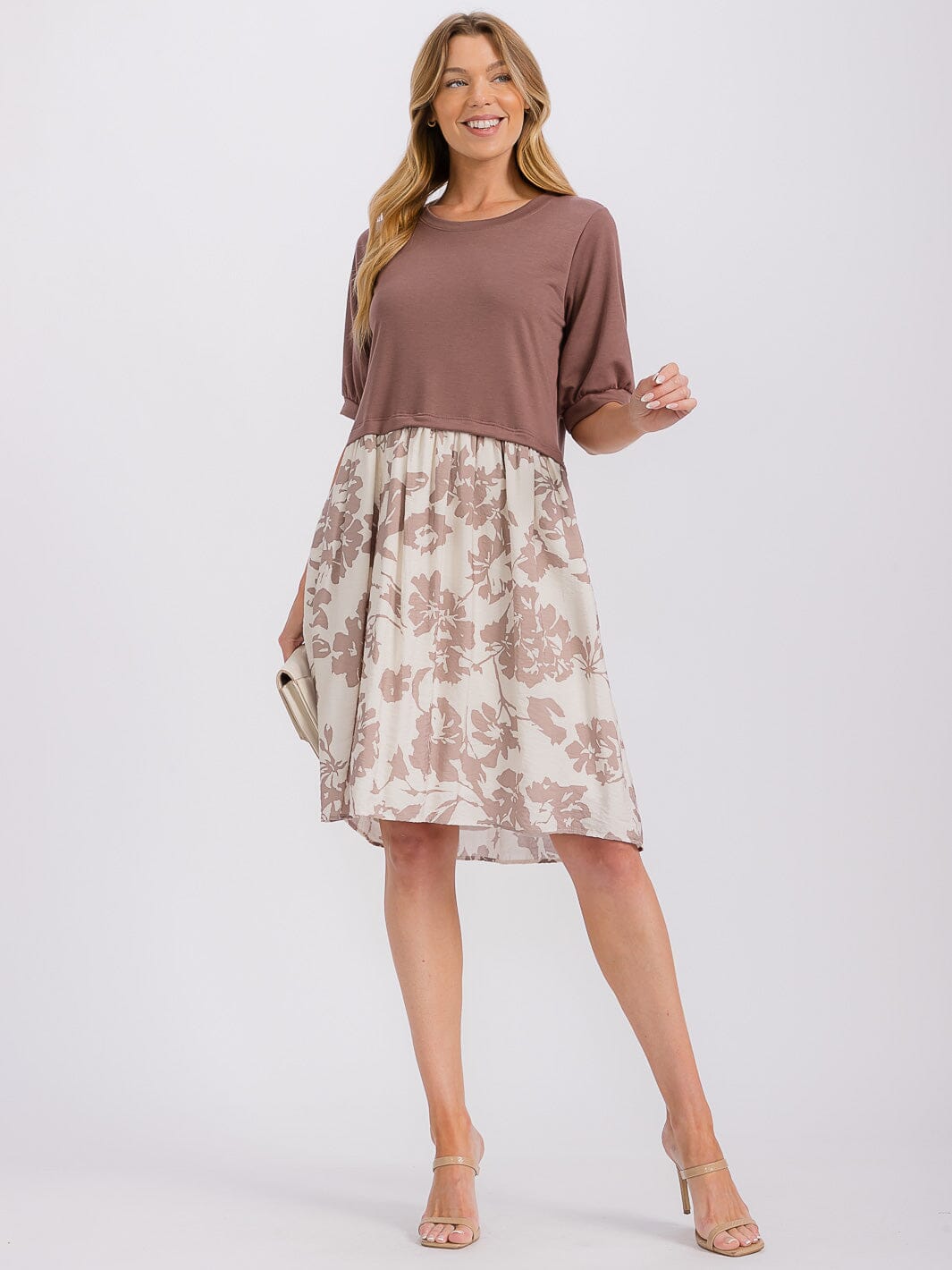 WOMEN'S SHORT SLEEVE CONTRAST FRONT POCKETS COLORBLOCK FLORAL MINI DRESS