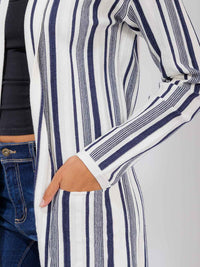 WOMEN'S LONG SLEEVE POCKETS OPEN FRONT COLORBLOCK STRIPES CARDIGAN
