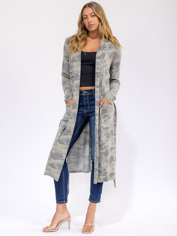 WOMEN'S LONG SLEEVE SELF TIE FRONT POCKETS CAMO PRINT COAT