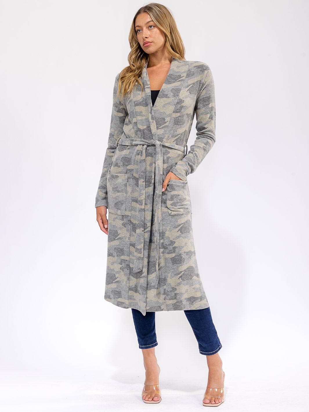 WOMEN'S LONG SLEEVE SELF TIE FRONT POCKETS CAMO PRINT COAT