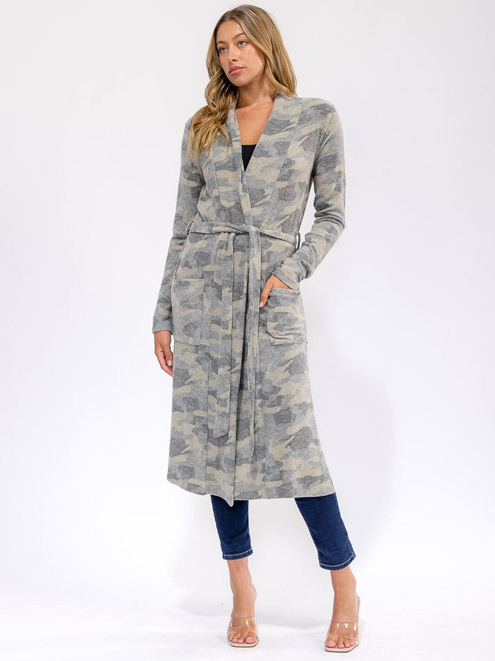 WOMEN'S LONG SLEEVE SELF TIE FRONT POCKETS CAMO PRINT COAT