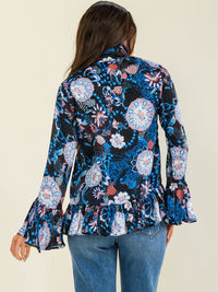 ENTRO WOMEN'S LONG BELL SLEEVE FRONT TIE FLORAL PRINT BLOUSE