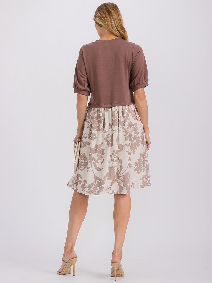 WOMEN'S SHORT SLEEVE CONTRAST FRONT POCKETS COLORBLOCK FLORAL MINI DRESS