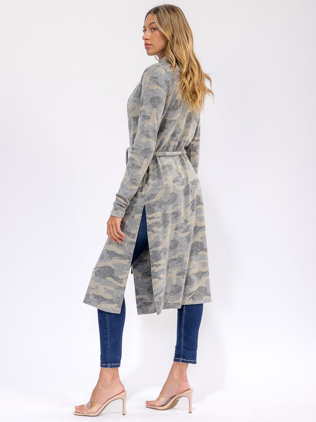 WOMEN'S LONG SLEEVE SELF TIE FRONT POCKETS CAMO PRINT COAT