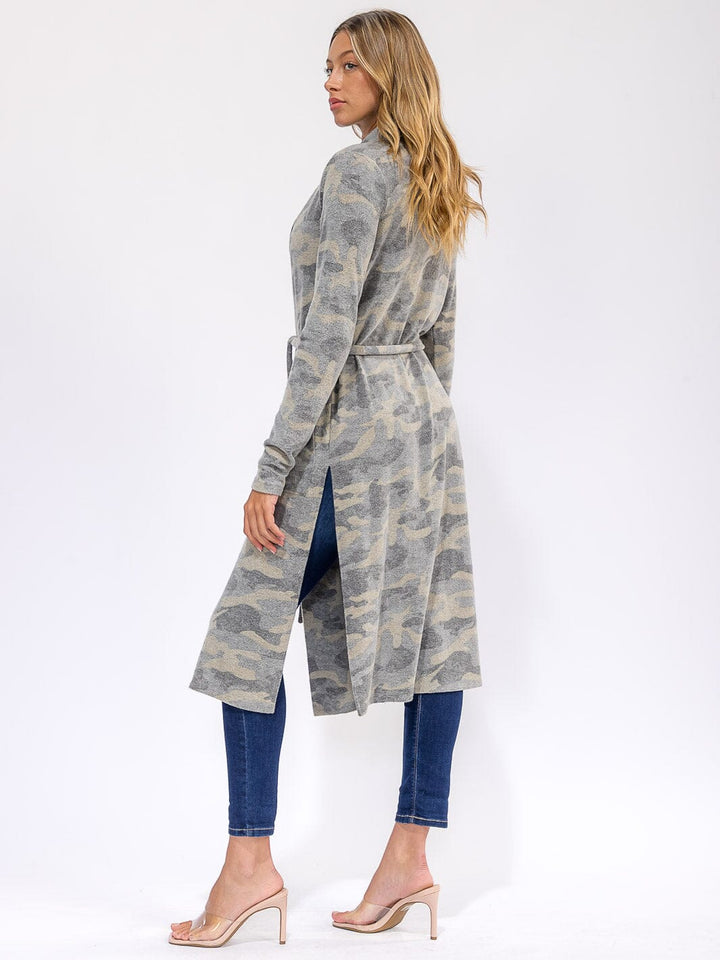 WOMEN'S LONG SLEEVE SELF TIE FRONT POCKETS CAMO PRINT COAT