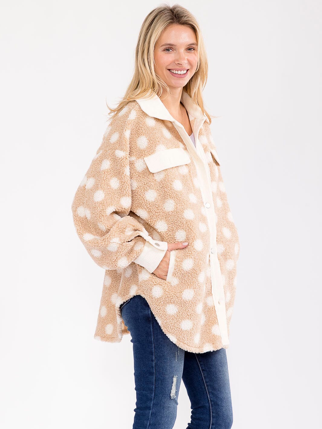 WOMEN'S LONG SLEEVE BUTTON CLOSURE FRONT POCKETS POLKA DOTS JACKET