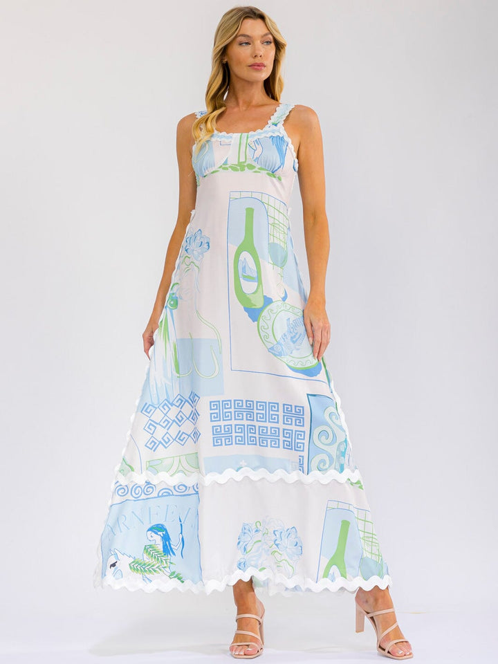 WOMEN'S SLEEVELESS OPEN BACK MULTI PRINT TIERED MAXI DRESS