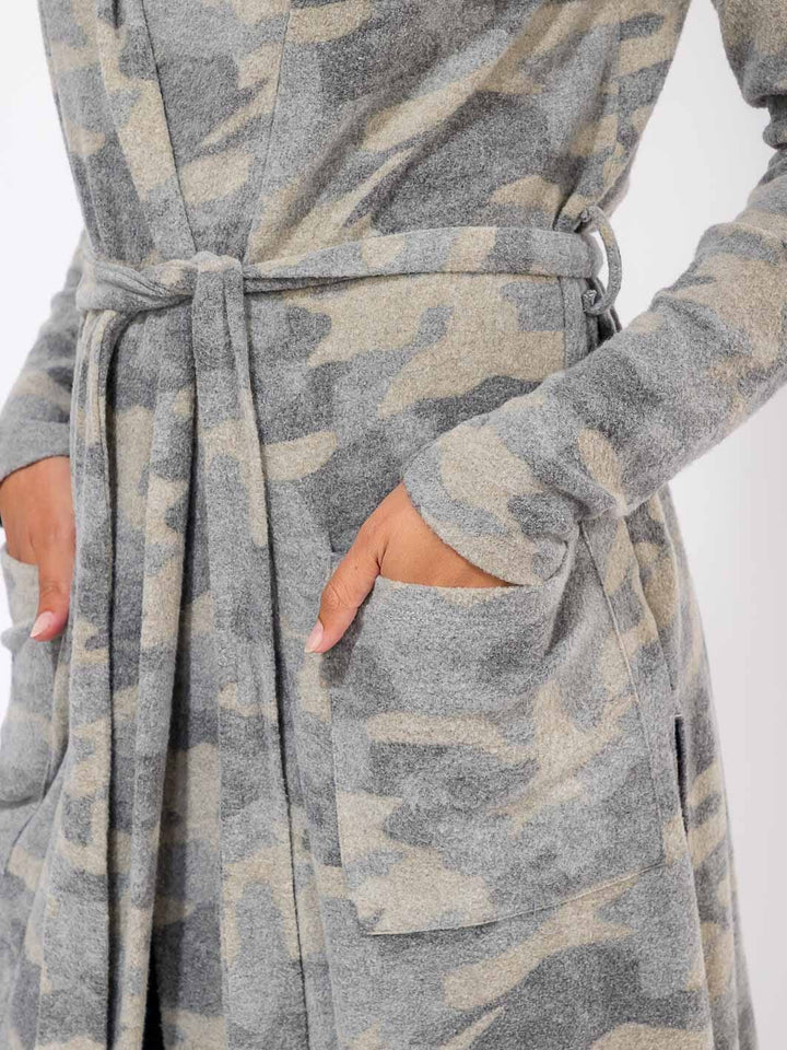 WOMEN'S LONG SLEEVE SELF TIE FRONT POCKETS CAMO PRINT COAT