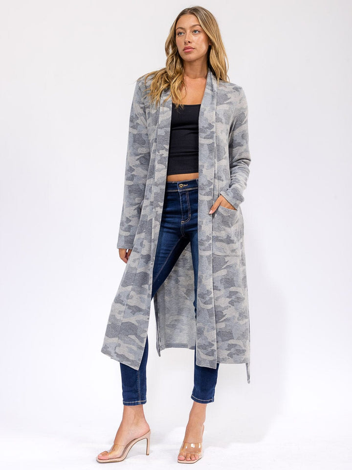 WOMEN'S LONG SLEEVE SELF TIE FRONT POCKETS CAMO PRINT COAT