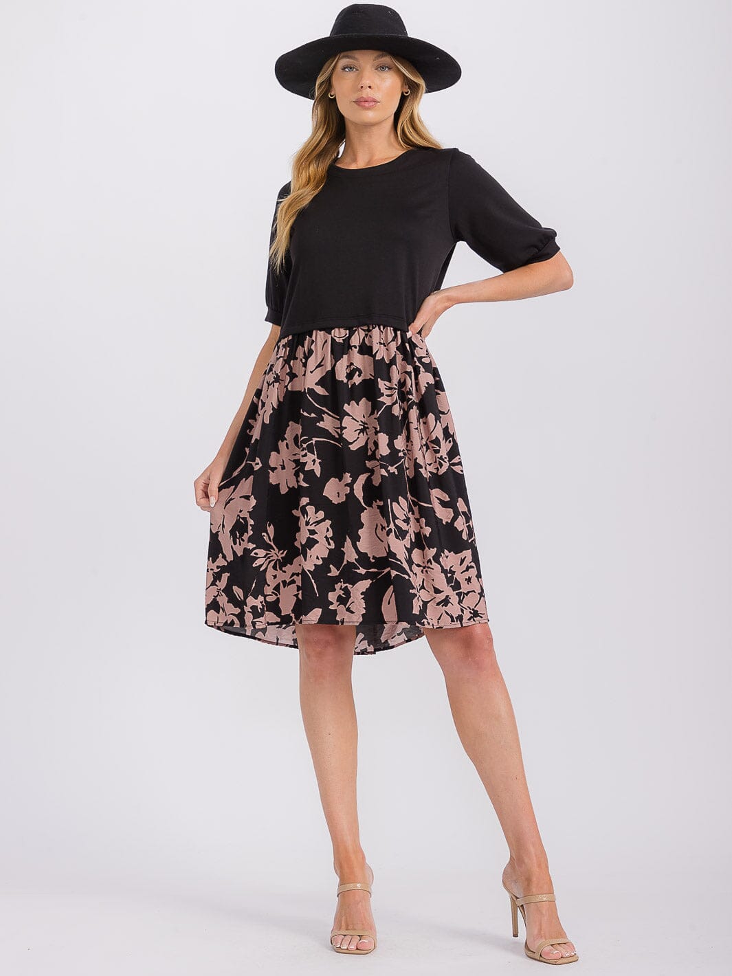 WOMEN'S SHORT SLEEVE CONTRAST FRONT POCKETS COLORBLOCK FLORAL MINI DRESS