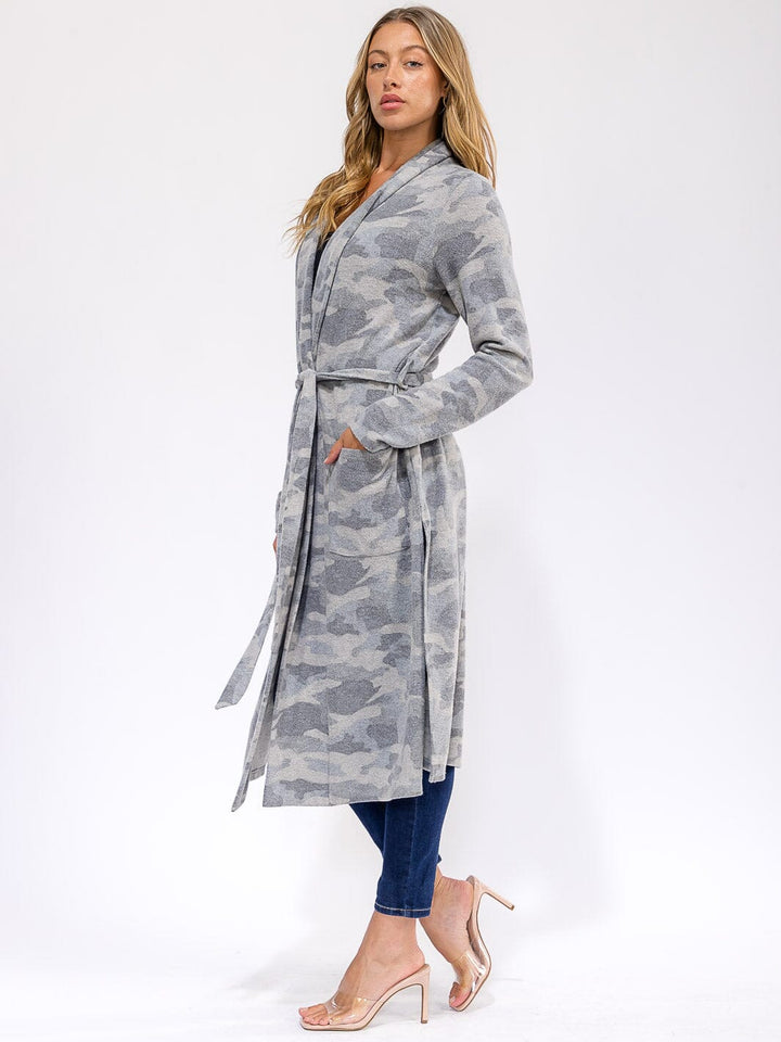 WOMEN'S LONG SLEEVE SELF TIE FRONT POCKETS CAMO PRINT COAT