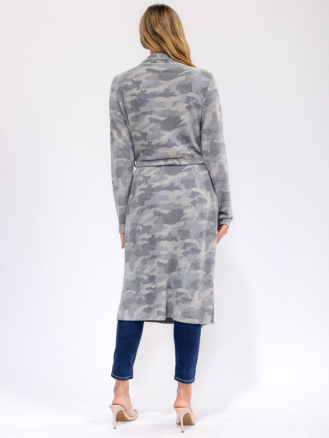 WOMEN'S LONG SLEEVE SELF TIE FRONT POCKETS CAMO PRINT COAT