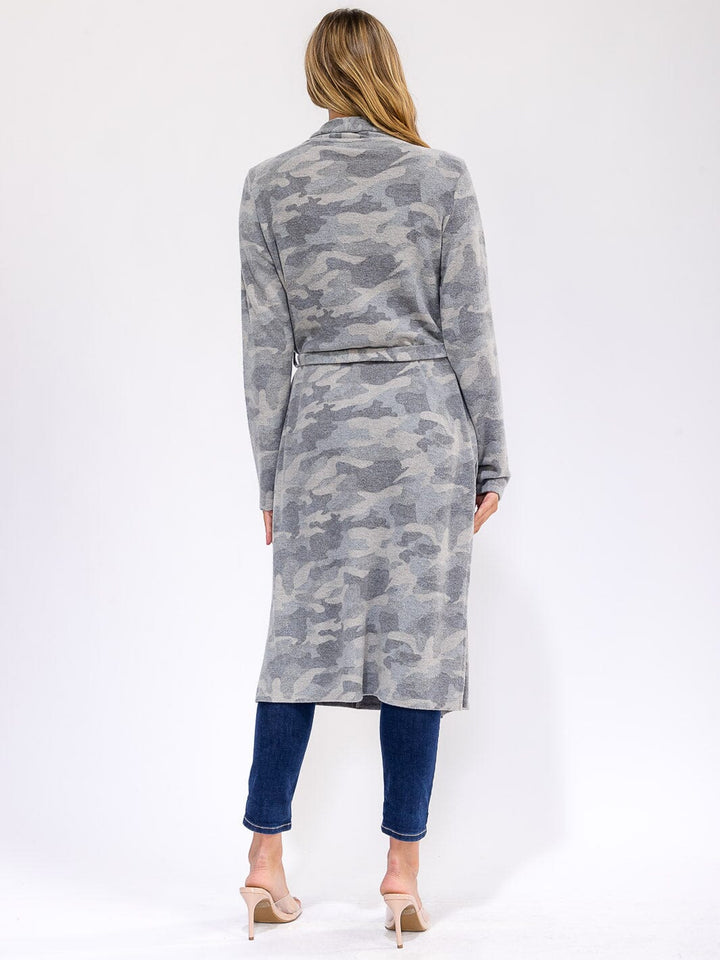 WOMEN'S LONG SLEEVE SELF TIE FRONT POCKETS CAMO PRINT COAT