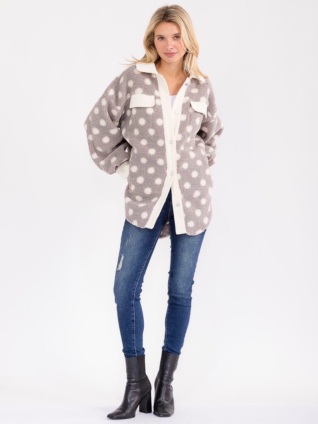 WOMEN'S LONG SLEEVE BUTTON CLOSURE FRONT POCKETS POLKA DOTS JACKET