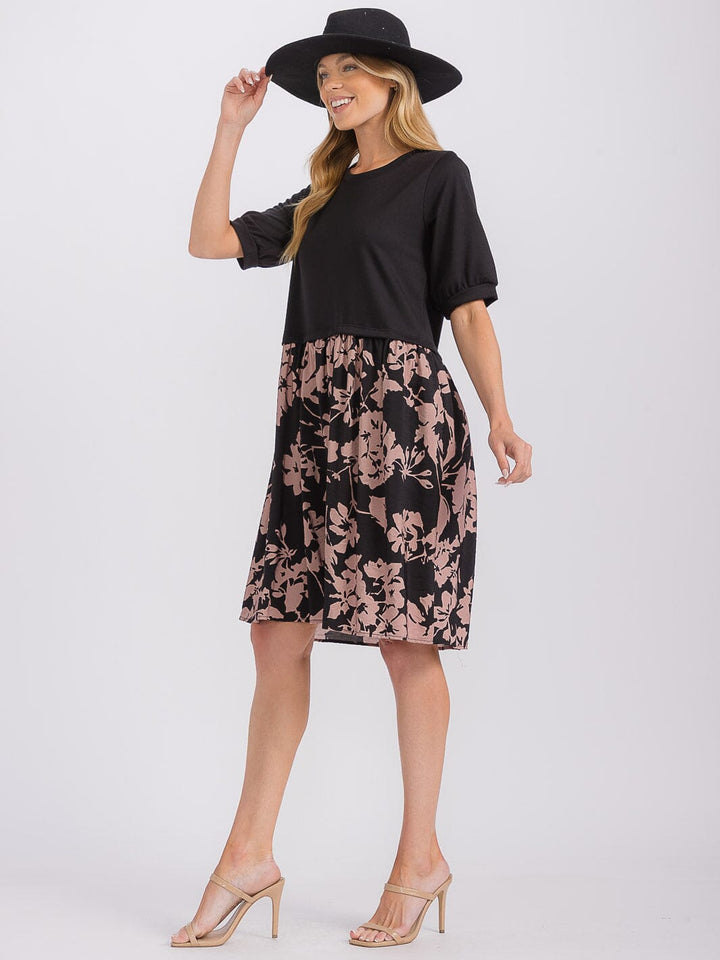 WOMEN'S SHORT SLEEVE CONTRAST FRONT POCKETS COLORBLOCK FLORAL MINI DRESS