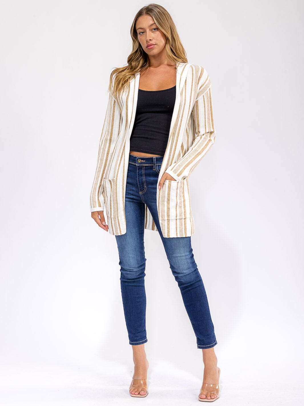 WOMEN'S LONG SLEEVE POCKETS OPEN FRONT COLORBLOCK STRIPES CARDIGAN