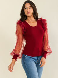 ENTRO WOMEN'S LONG SLEEVE RUFFLE MESH CONTRAST BLOUSE