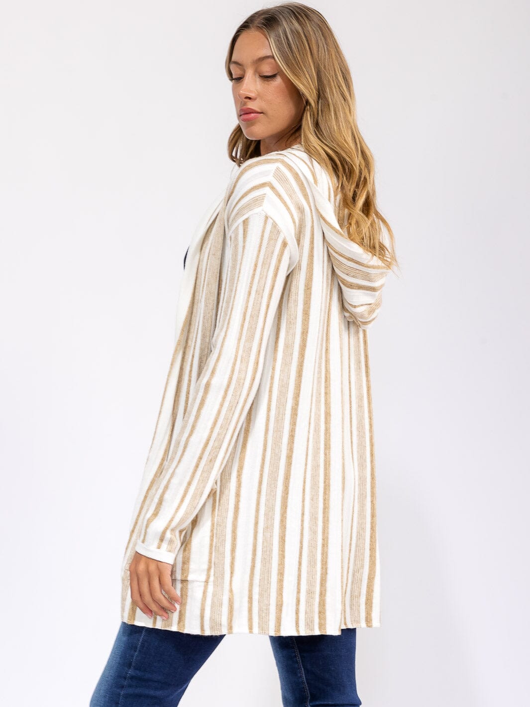 WOMEN'S LONG SLEEVE POCKETS OPEN FRONT COLORBLOCK STRIPES CARDIGAN