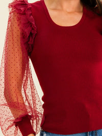 ENTRO WOMEN'S LONG SLEEVE RUFFLE MESH CONTRAST BLOUSE