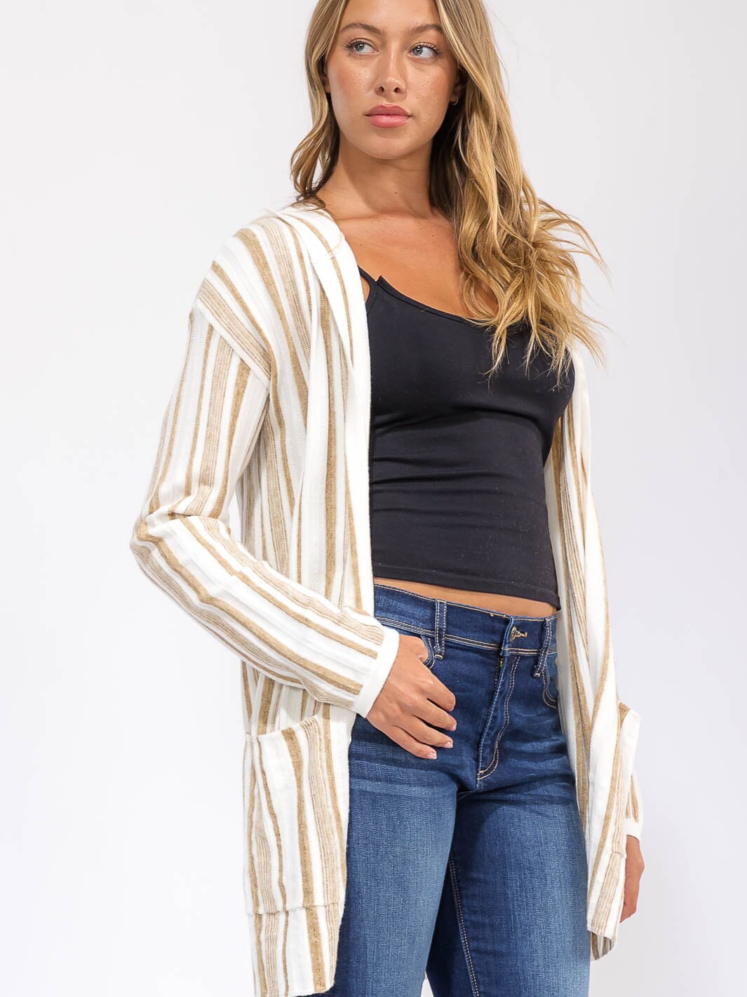 WOMEN'S LONG SLEEVE POCKETS OPEN FRONT COLORBLOCK STRIPES CARDIGAN