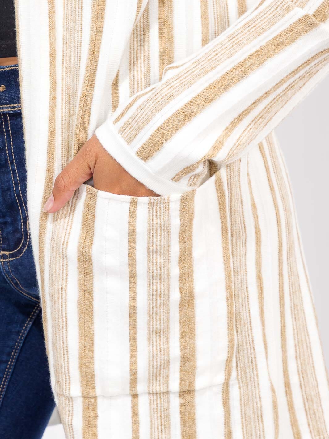 WOMEN'S LONG SLEEVE POCKETS OPEN FRONT COLORBLOCK STRIPES CARDIGAN