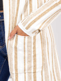 WOMEN'S LONG SLEEVE POCKETS OPEN FRONT COLORBLOCK STRIPES CARDIGAN