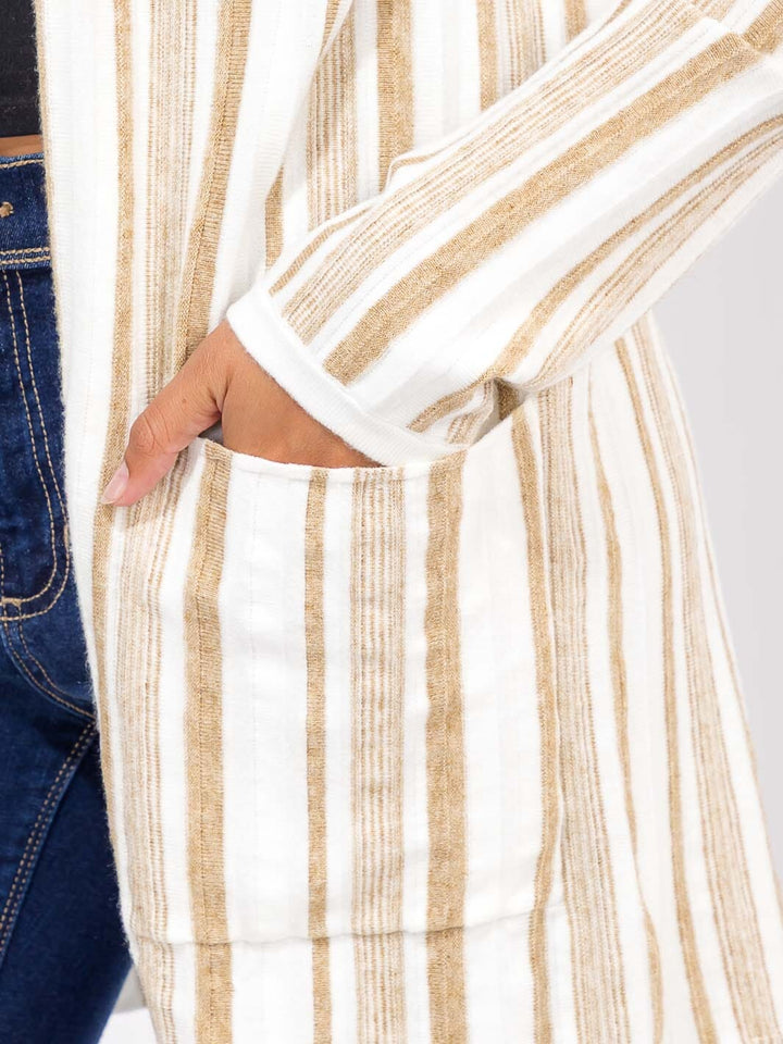 WOMEN'S LONG SLEEVE POCKETS OPEN FRONT COLORBLOCK STRIPES CARDIGAN