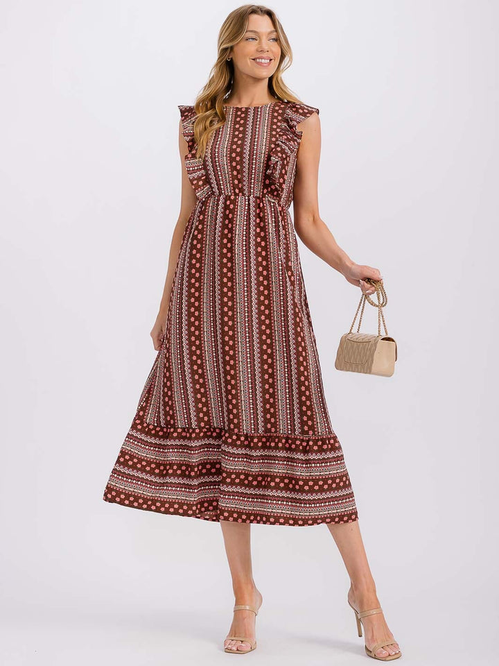 WOMEN'S RUFFLE SLEEVE ELASTIC WAIST PRINTED MIDI DRESS