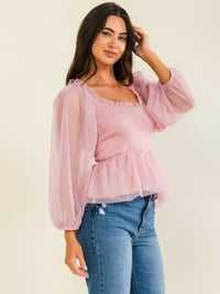 ENTRO WOMEN'S LONG SLEEVE SQUARE NECK SMOCK MESH CONTRAST PEPLUM BLOUSE