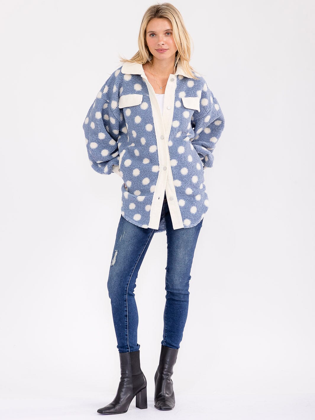 WOMEN'S LONG SLEEVE BUTTON CLOSURE FRONT POCKETS POLKA DOTS JACKET