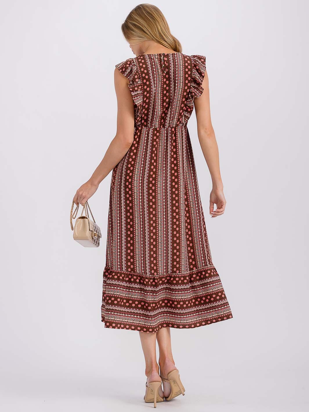 WOMEN'S RUFFLE SLEEVE ELASTIC WAIST PRINTED MIDI DRESS