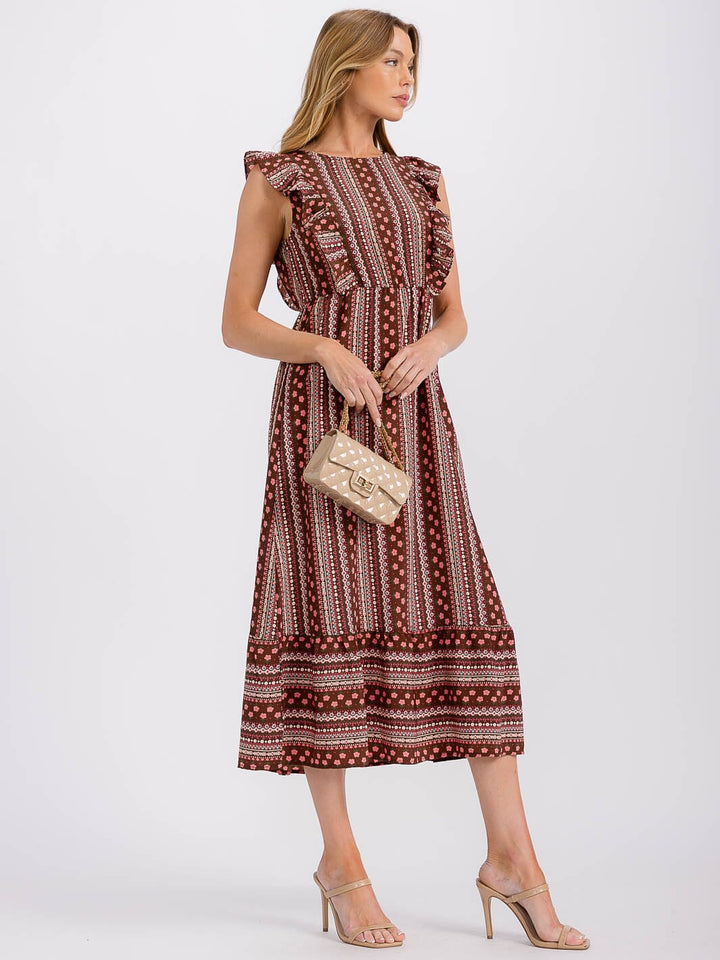 WOMEN'S RUFFLE SLEEVE ELASTIC WAIST PRINTED MIDI DRESS