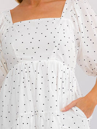 WOMEN'S SHORT PUFF SLEEVE SQUARE NECK SMOCK FRONT POCKETS POLKA DOTS MINI DRESS