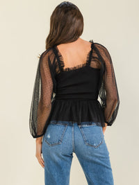 ENTRO WOMEN'S LONG SLEEVE SQUARE NECK SMOCK MESH CONTRAST PEPLUM BLOUSE