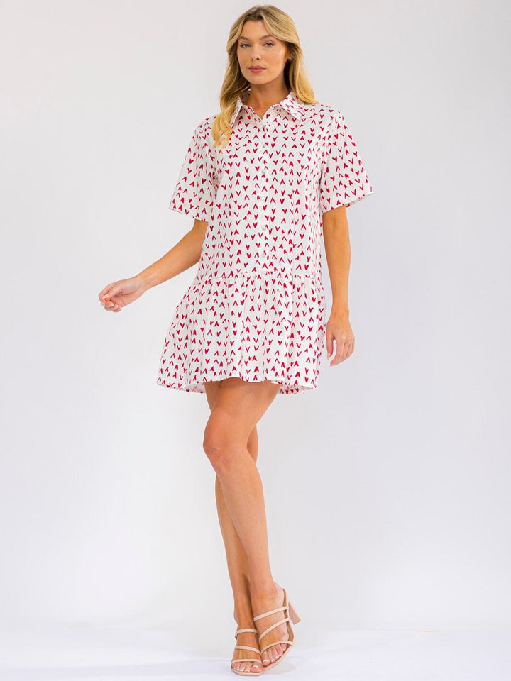 WOMEN'S SHORT SLEEVE BUTTON UP LOOSE FIT PRINT MINI DRESS