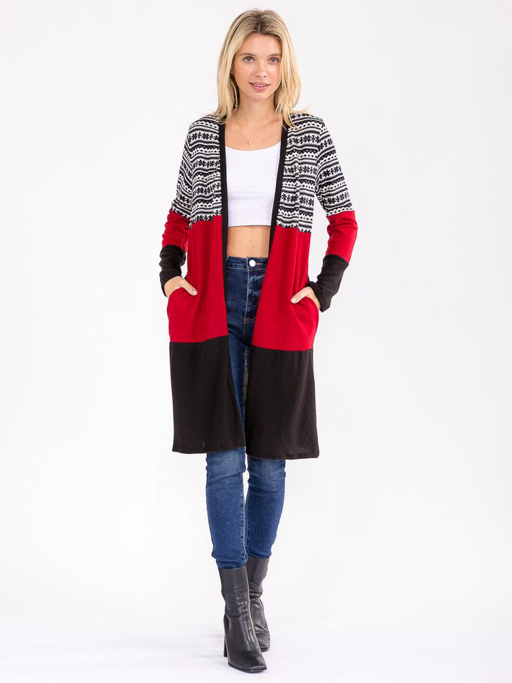 WOMEN'S LONG SLEEVE OPEN FRONT POCKETS COLORBLOCK CARDIGAN