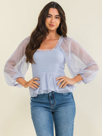ENTRO WOMEN'S LONG SLEEVE SQUARE NECK SMOCK MESH CONTRAST PEPLUM BLOUSE