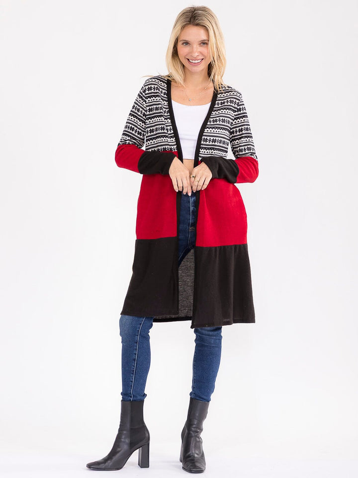 WOMEN'S LONG SLEEVE OPEN FRONT POCKETS COLORBLOCK CARDIGAN