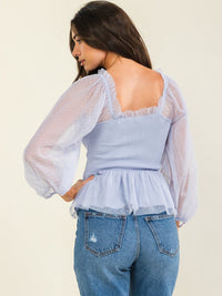 ENTRO WOMEN'S LONG SLEEVE SQUARE NECK SMOCK MESH CONTRAST PEPLUM BLOUSE