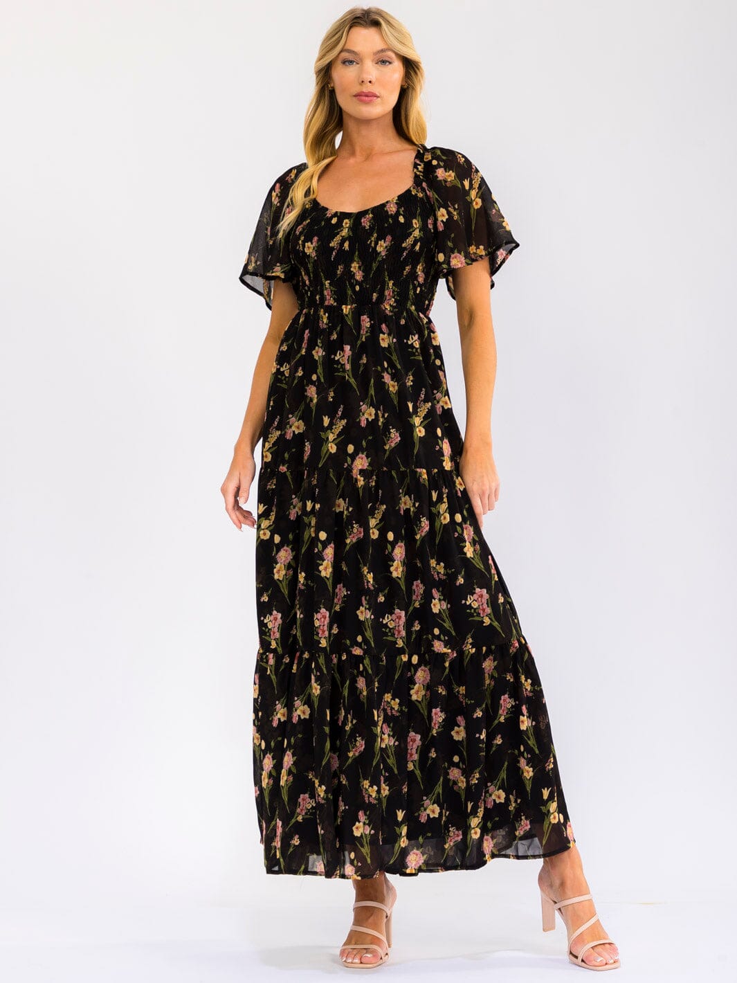 WOMEN'S SHORT SLEEVE SMOCK RUFFLE TIERED FLORAL MAXI DRESS