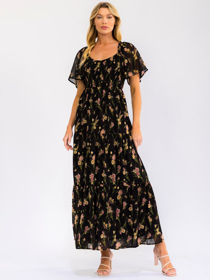 WOMEN'S SHORT SLEEVE SMOCK RUFFLE TIERED FLORAL MAXI DRESS