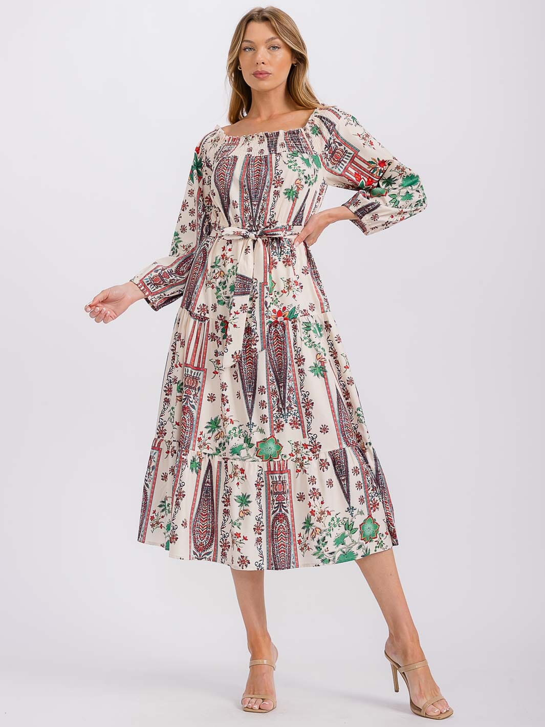 WOMEN'S LONG SLEEVE ELASTIC WAIST SELF TIE PRINTED MIDI DRESS