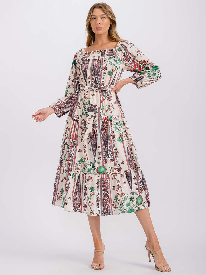 WOMEN'S LONG SLEEVE ELASTIC WAIST SELF TIE PRINTED MIDI DRESS
